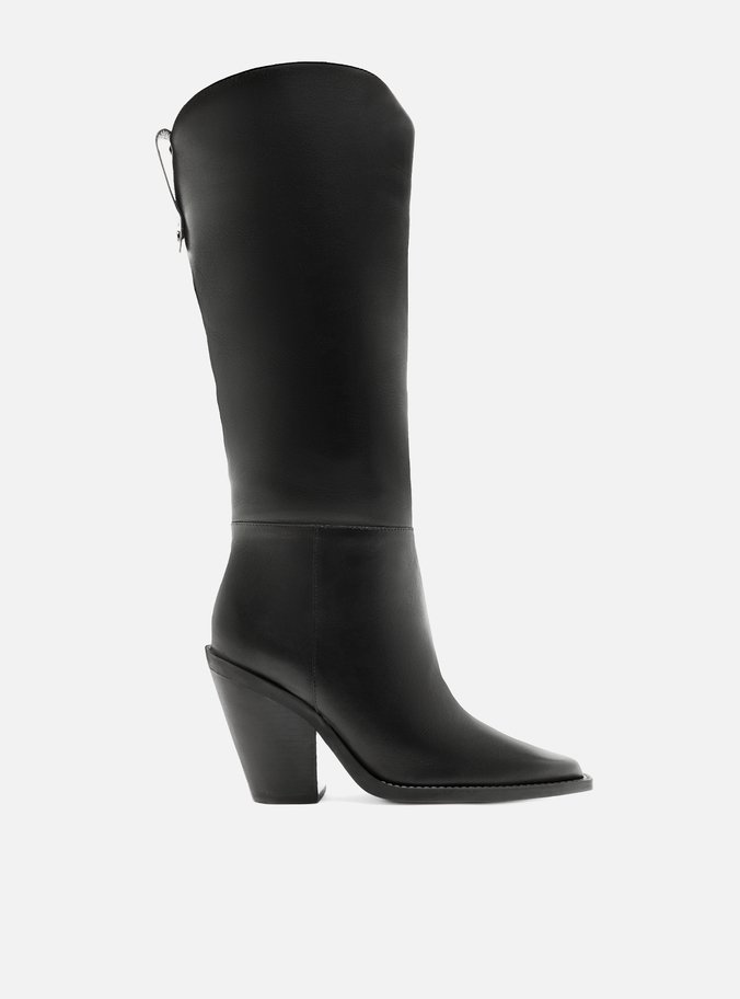 Bota Preta Couro Cano Longo Salto Alto Bloco