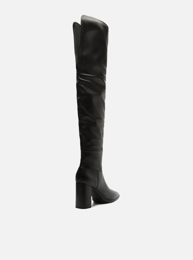 Bota Over The Knee Preta Couro Salto Alto