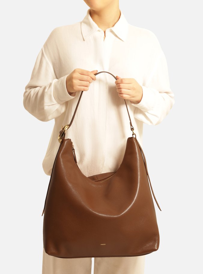 Bolsa Hobo Marrom Couro Grande Básica