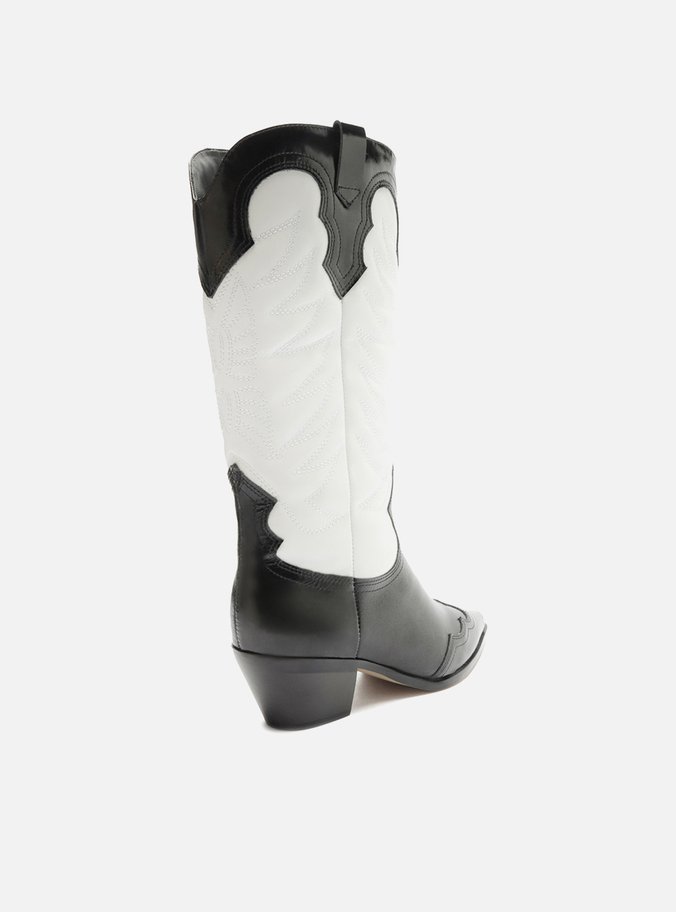 Bota Preta Couro Cano Médio Western Branca