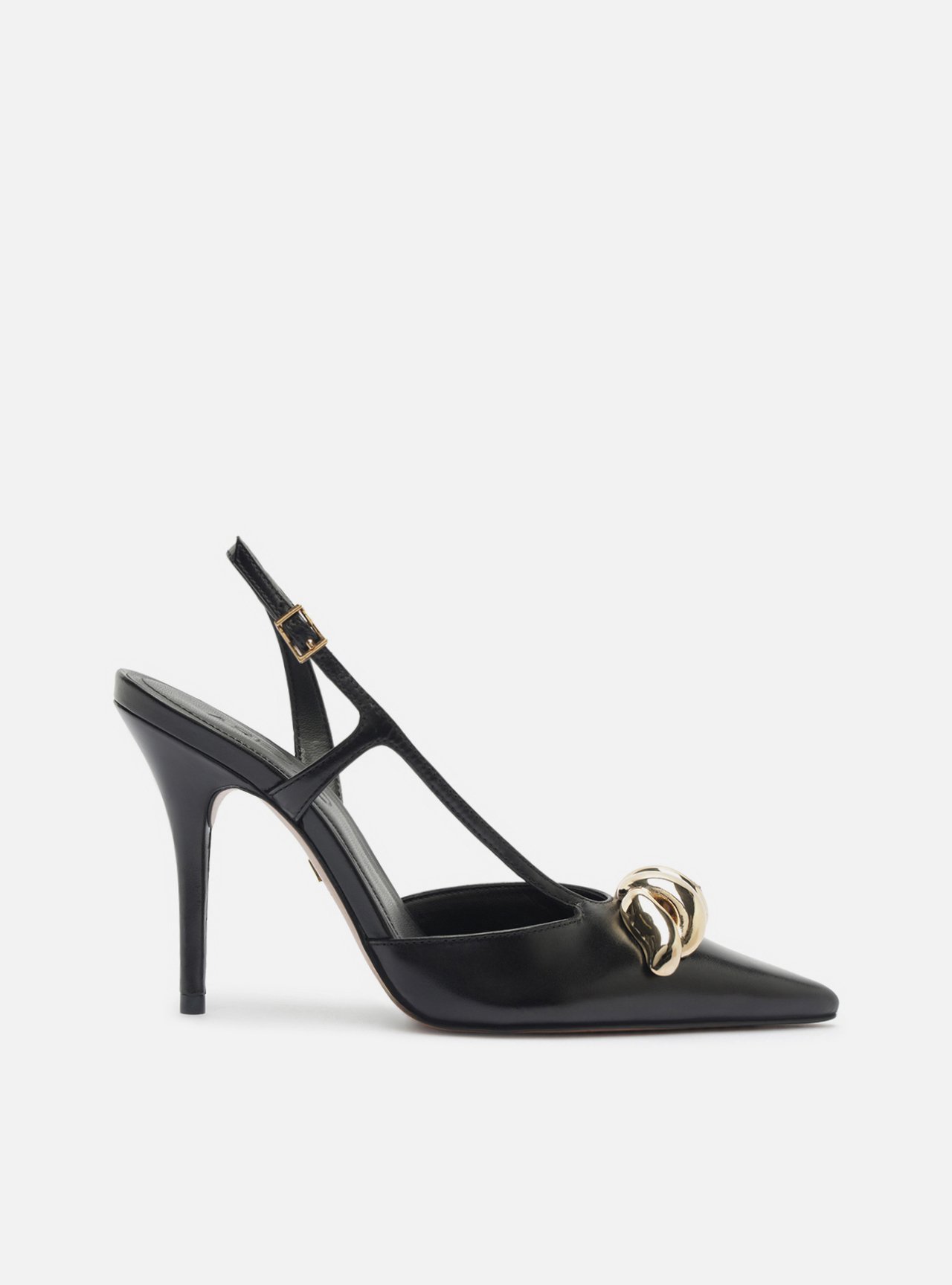 Scarpin Preto Couro Slingback Salto Fino Metais — foto 1
