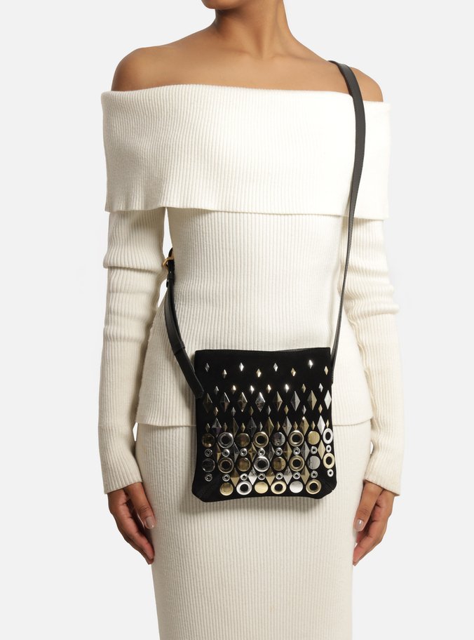 Tiracolo Preta Camurça Média Metais Geométricos TIG