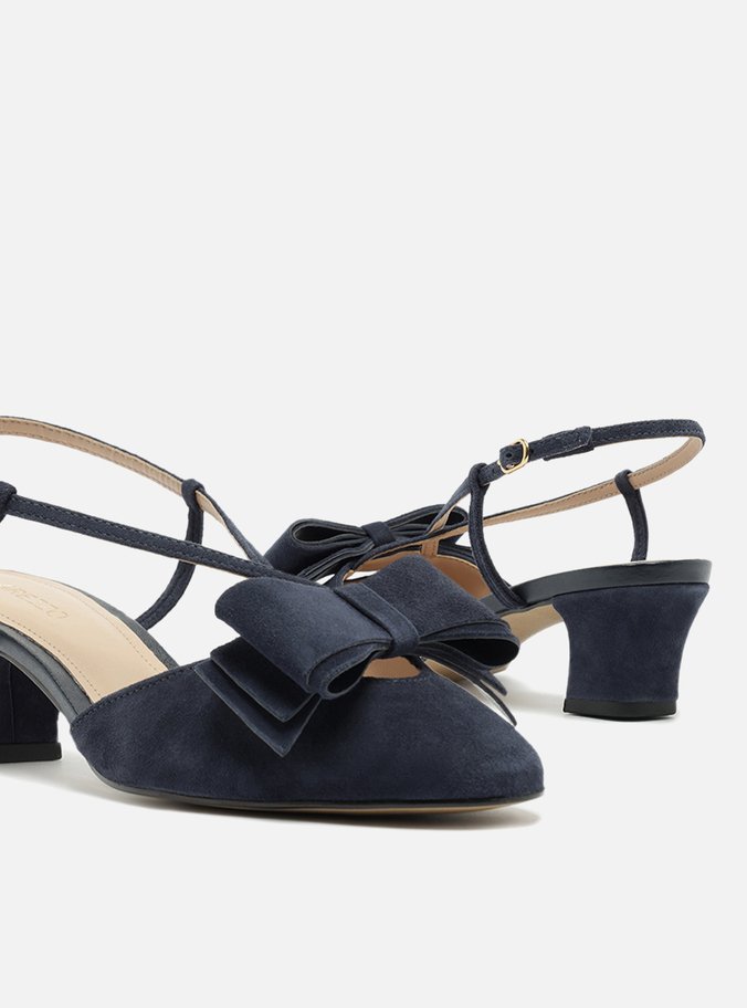 Scarpin Azul Camurça Salto Baixo Slingback Laço