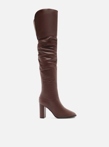 Bota Over The Knee Marrom Couro Salto Alto