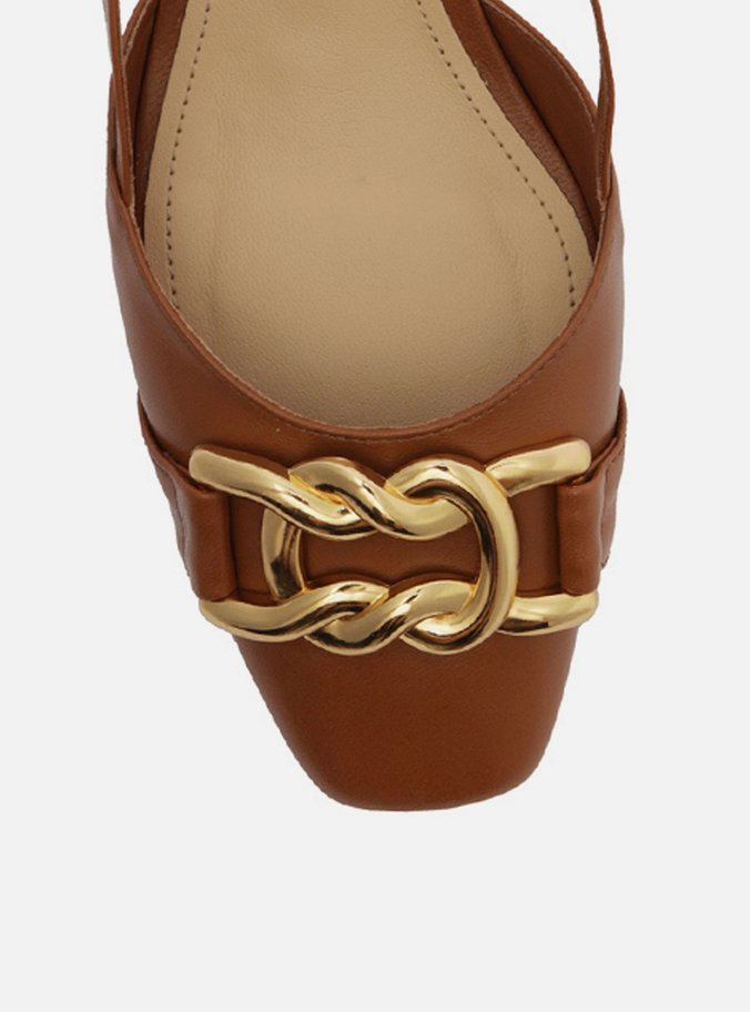 Scarpin Marrom Couro Bico Quadrado Aberto Metal