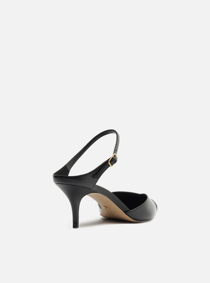 Mule Preta Couro Salto Kitten Tira Instep