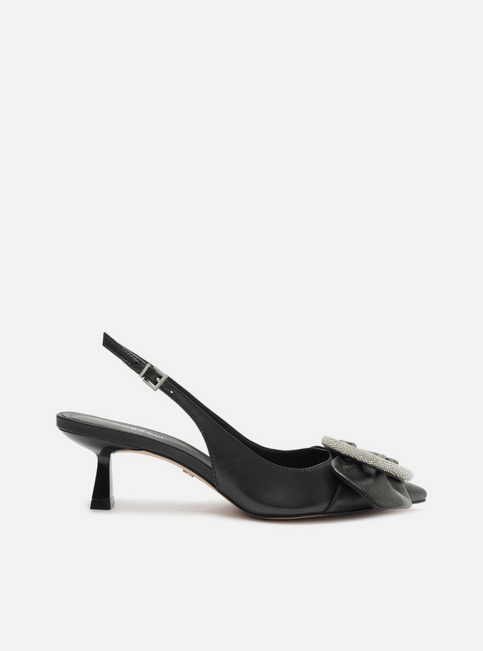 Scarpin Preto Couro Slingback Fivela Cristais