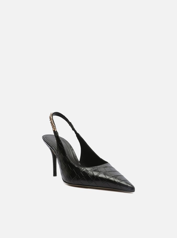 Scarpin Preto Croco Bico Fino Slingback Corrente