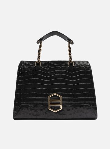Bolsa Tote Preta Couro Croco Kopen Grande