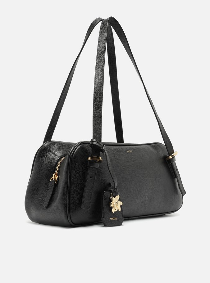 Bolsa Bowling Preta Couro Grande Metal Flor