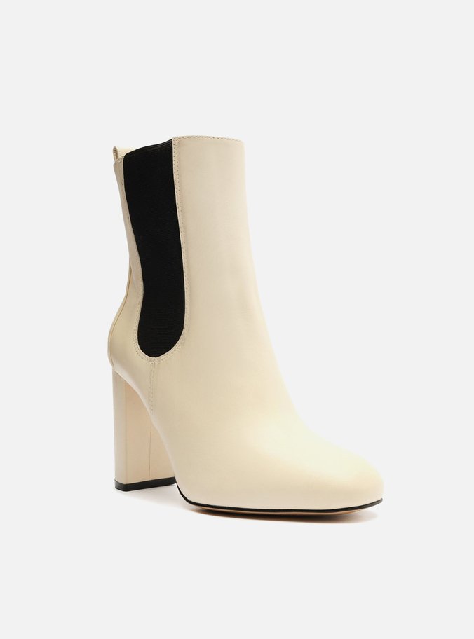 Bota Off-White Couro Chelsea Salto Bloco Cano Médio