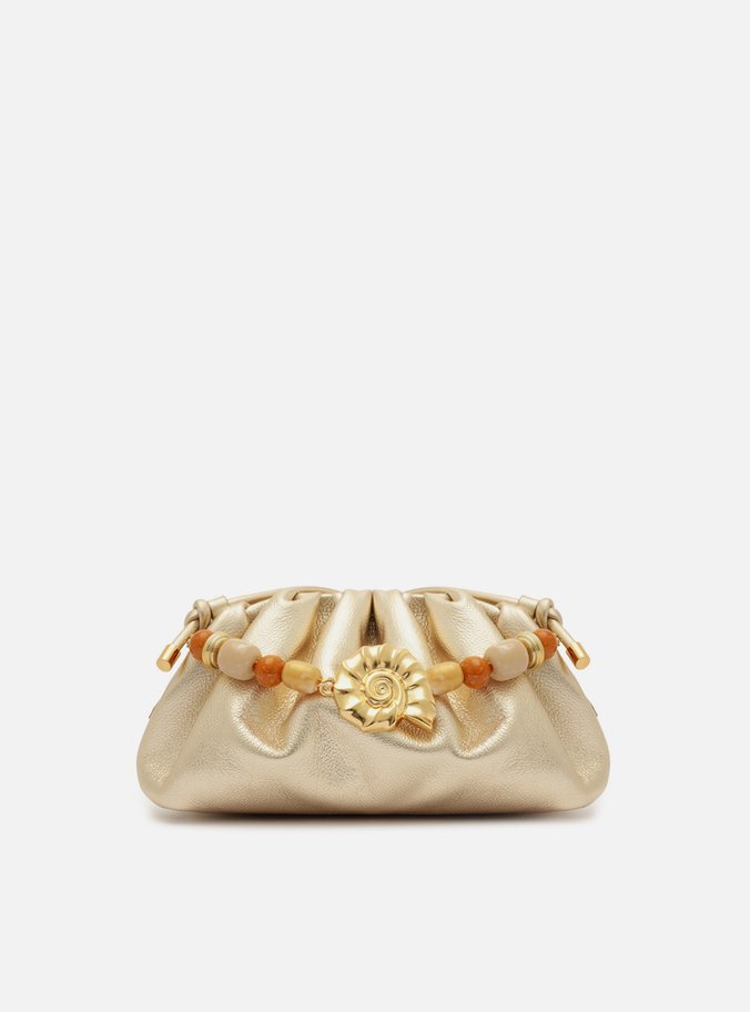Clutch Dourada Couro Média Pedrarias Concha