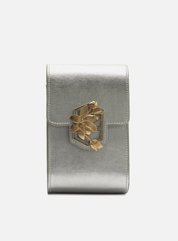 Mini Bag Prata Couro Porta-Celular Metal Flor