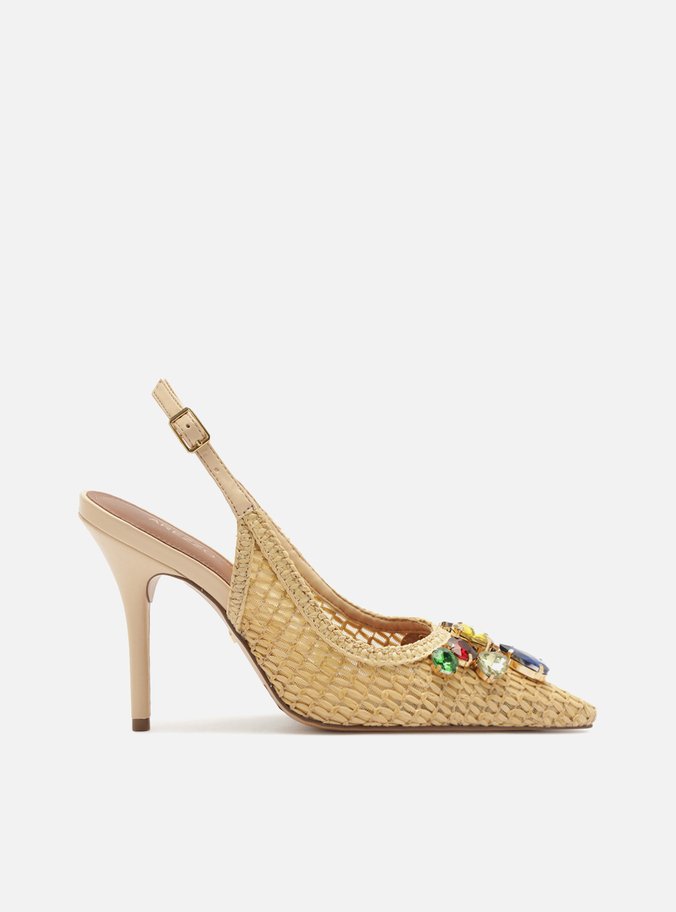 Scarpin Slingback Bege Palha Salto Alto Pedrarias