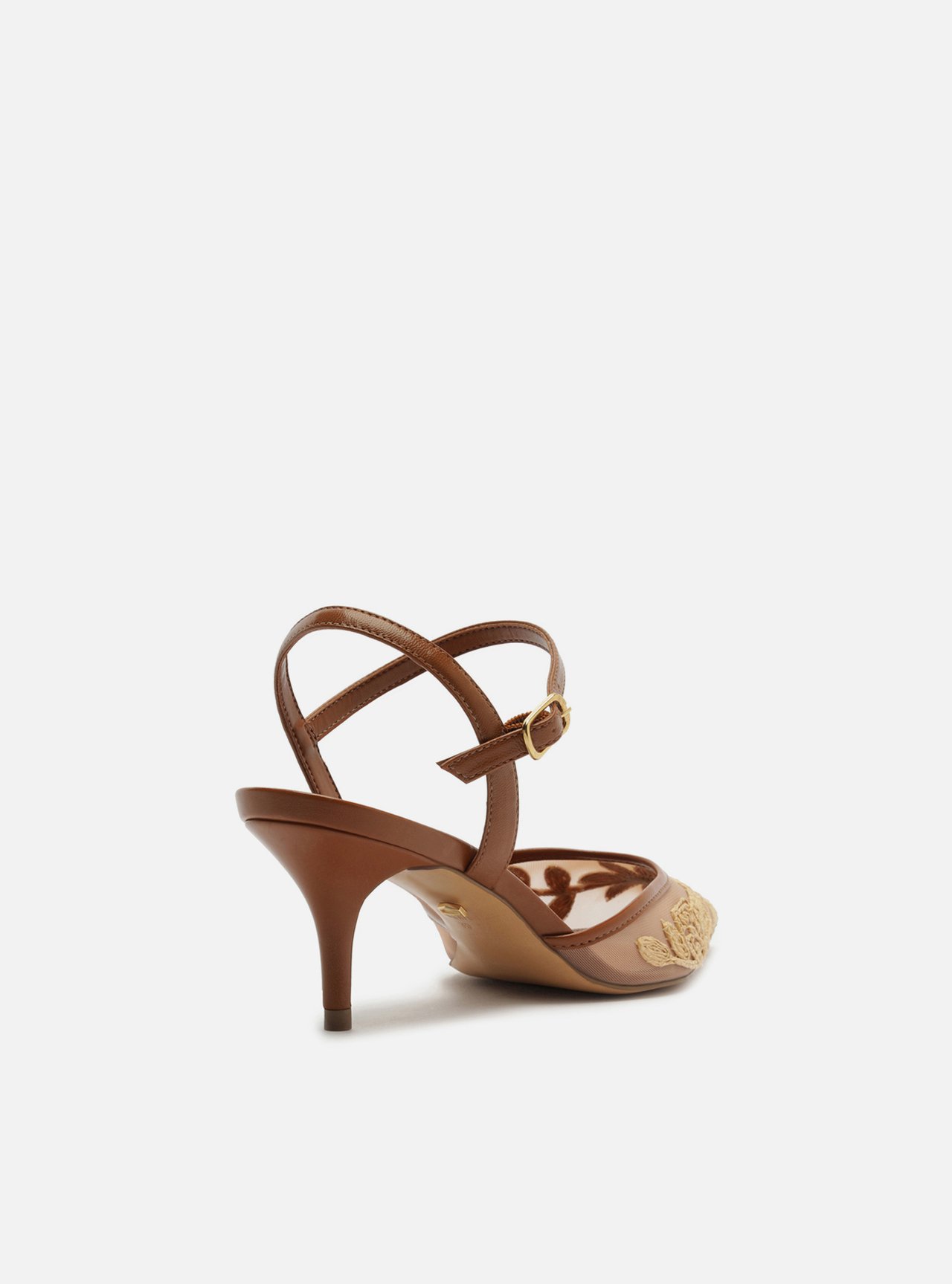 Scarpin Marrom Tule Salto Kitten Slingback Bordado — foto 3