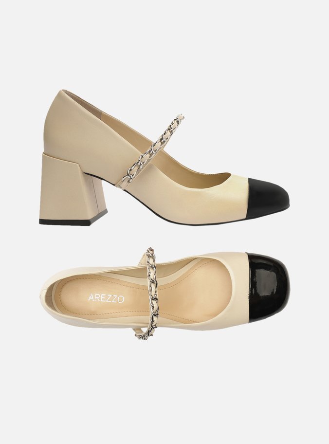 Sapato Boneca Off-White Couro Salto Bloco Tira Corrente