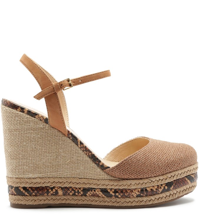 Espadrille Fibras Naturais Salto Alto Snake Brown e Natural Wood
