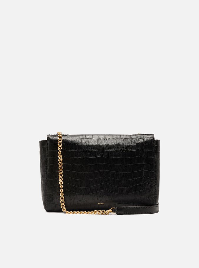 Bolsa Tiracolo Preta Couro Croco Média Reversível