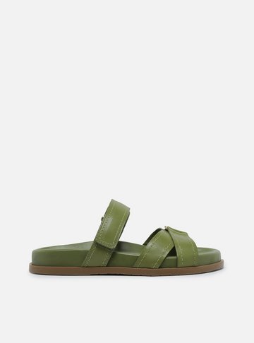 Sandália Rasteira Verde Couro Tiras Velcro