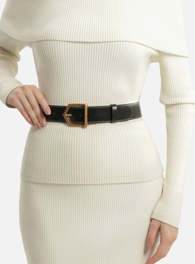 Cinto Preto Couro Fivela Metálica Geométrica