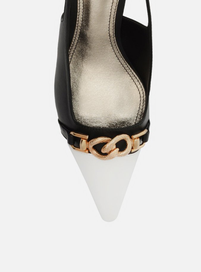 Scarpin Preto Couro Bico Fino Slingback Branco