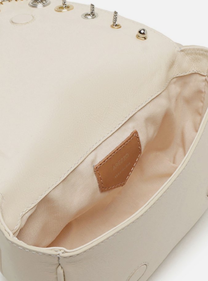 Bolsa Tiracolo Branca Couro Pequena Costuras Metais