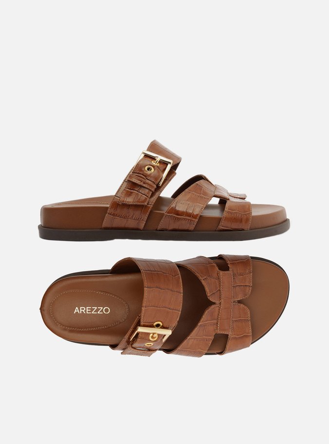 Papete Rasteira Marrom Croco Tira Vazada Fivela