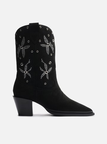 Bota Preta Acamurçada Cano Longo Bordada Western