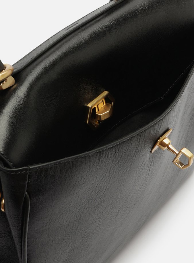 Bolsa Satchel Preta Couro Média Bag Charm Nó