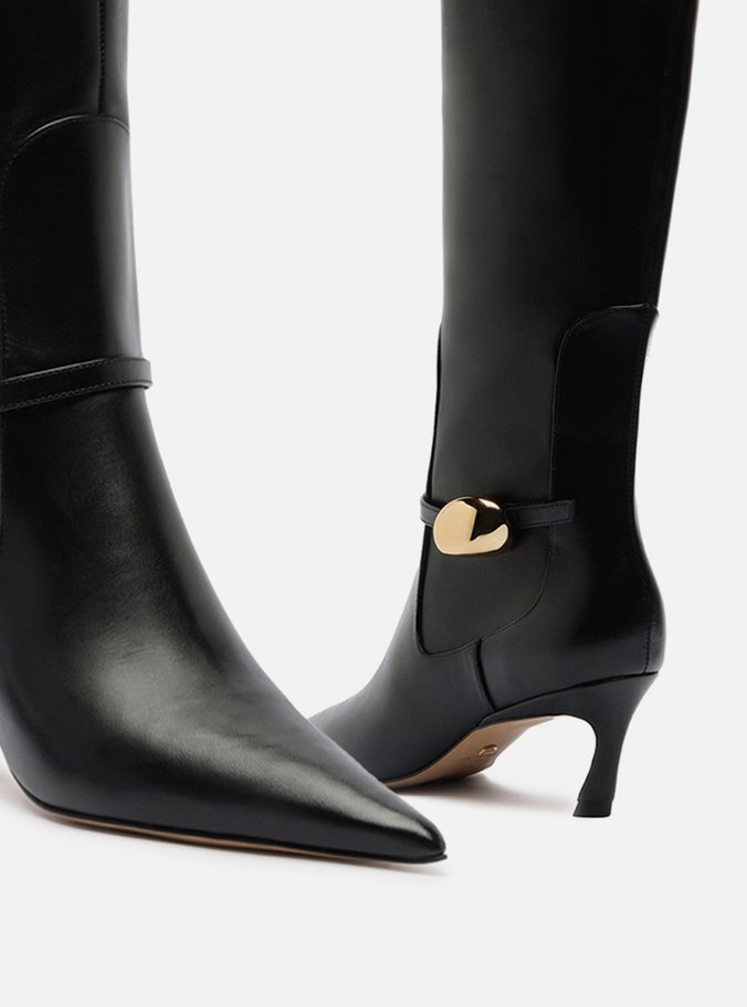 Bota Preta Couro Salto Baixo Cano Longo Metal