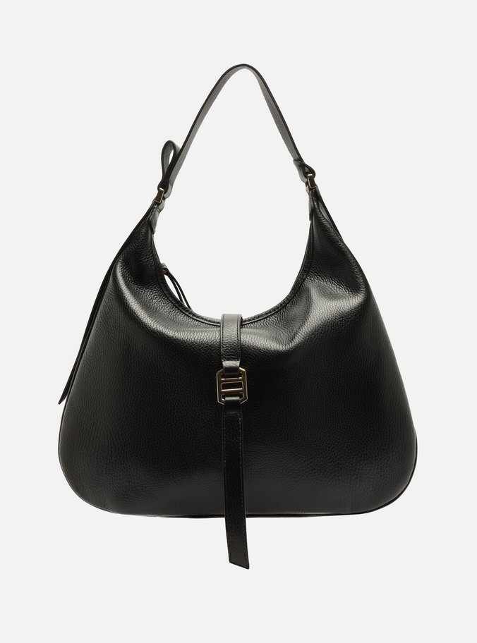 Bolsa Hobo Preta Couro Metais Dourados