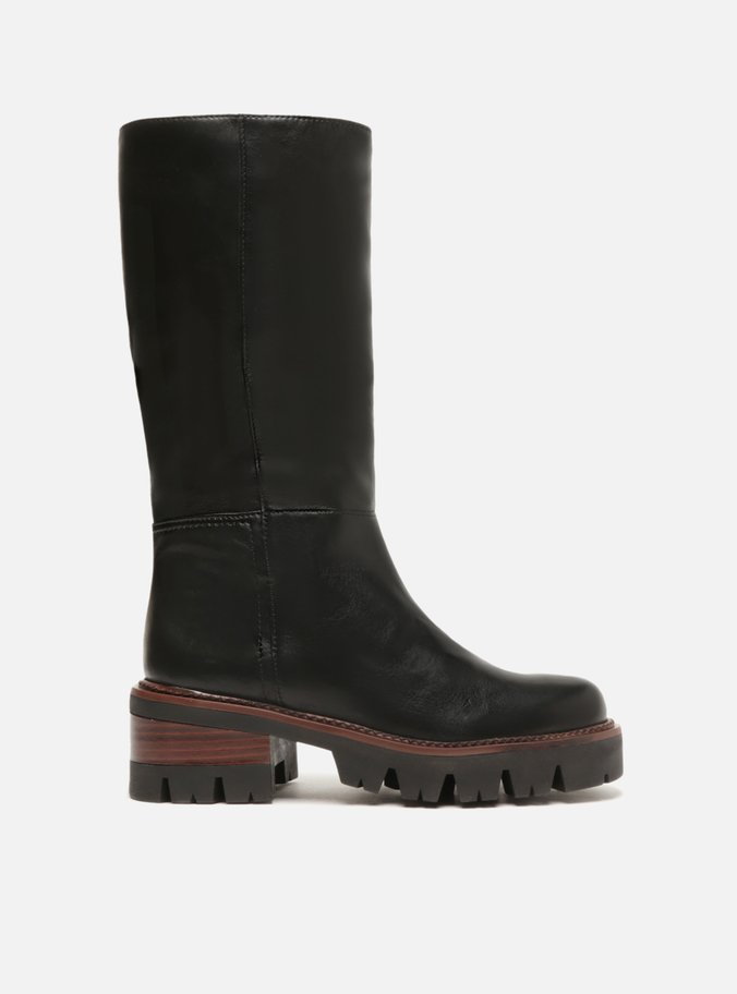 Bota Preta Couro Cano Longo Tratorada