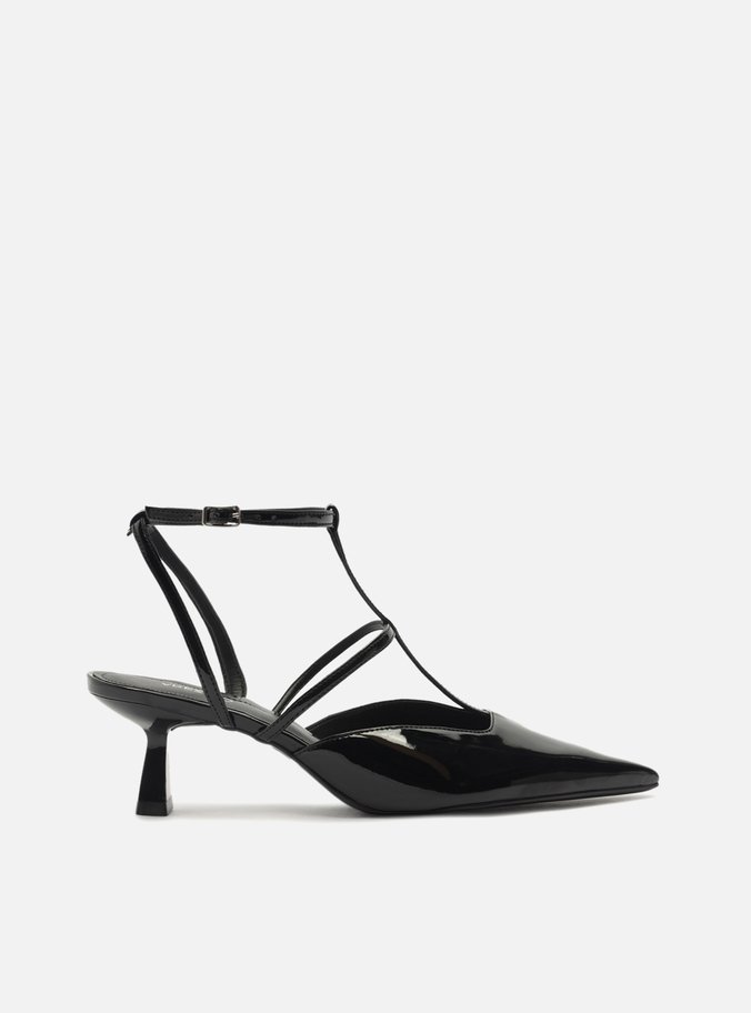 Scarpin Preto Verniz Salto Médio Aberto Tiras
