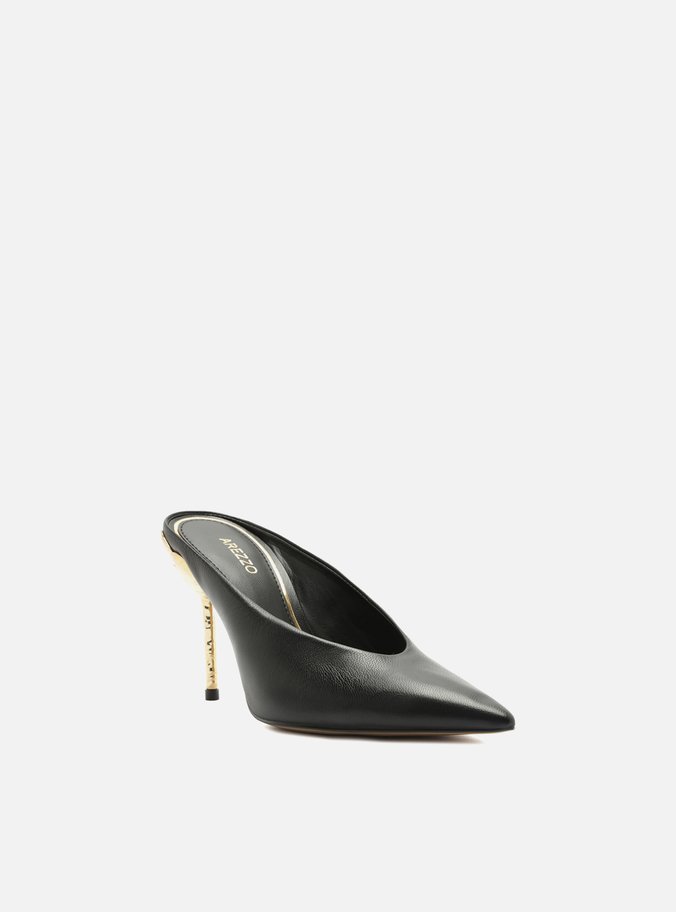 Mule Preta Couro Salto Fino Dourado Aberto