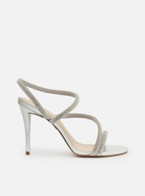 Sandália Prateada Strass Salto Fino Tira Curva Arezzo