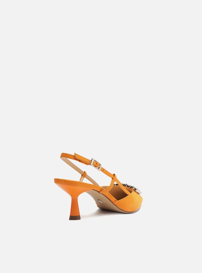 Scarpin Laranja Nobuck Bico Fino Slingback Emily