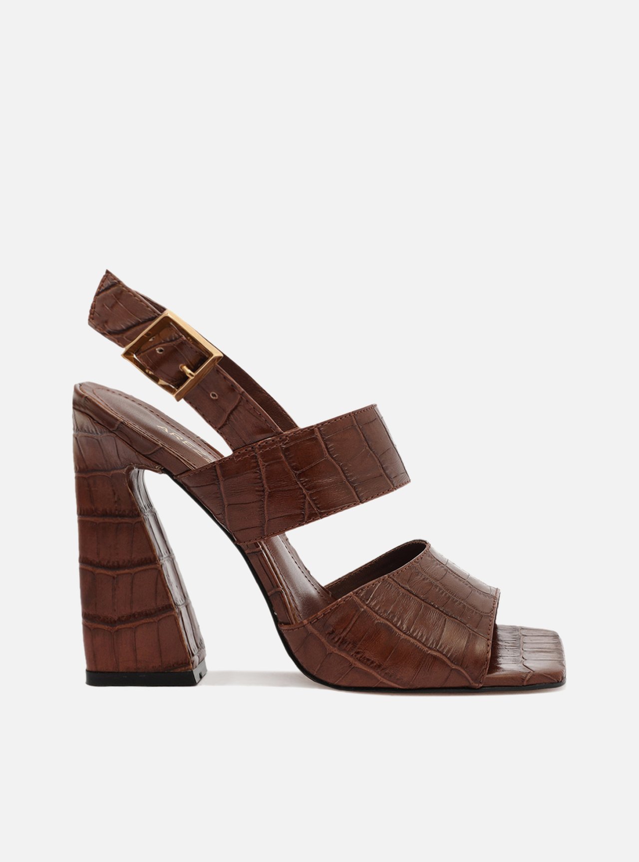 Sandália Marrom Croco Salto Alto Bico Quadrado — foto 1