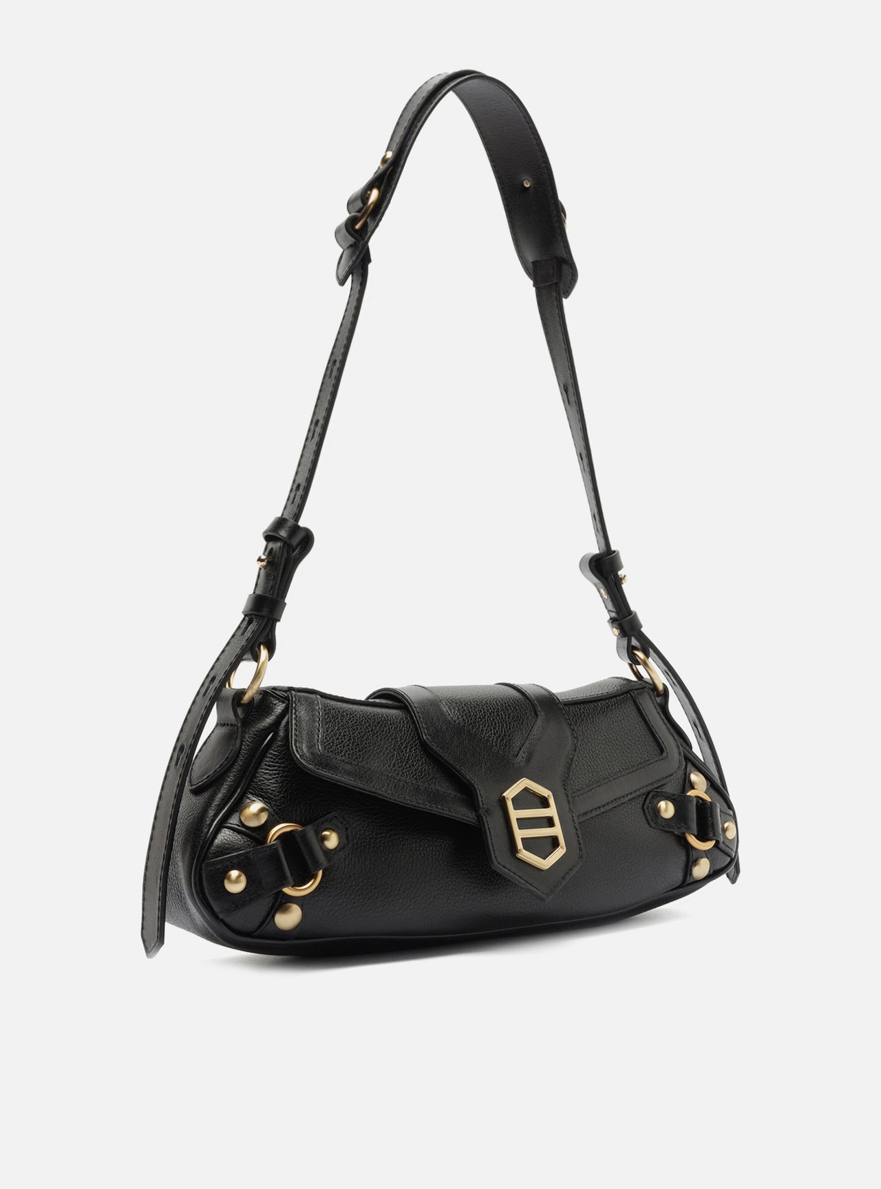 Bolsa Shoulder Preta Couro Grande Alongada Metais — foto 5