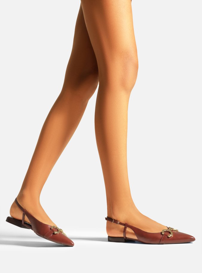 Sapatilha Marrom Couro Bico Fino Slingback Metal