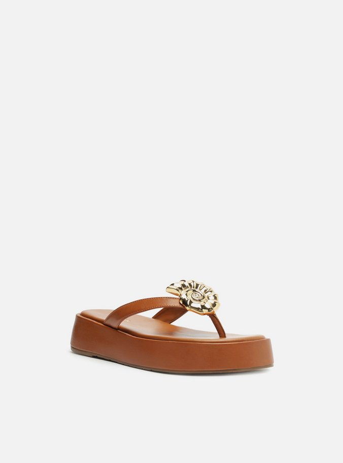 Tamanco Marrom Couro Flatform Metal Concha