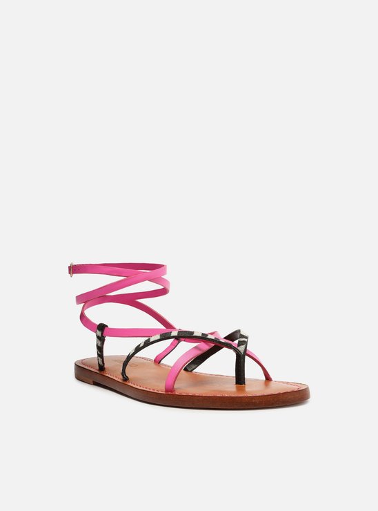 Sandália Rasteira Animal Print Pêlos Salto Rasteiro Fivela Rosa Neon/Branco-Preto