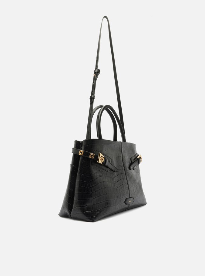 Bolsa Tote Preta Couro Croco Grande Fivelas