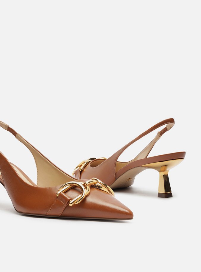 Scarpin Marrom Couro Bico Fino Slingback Bridão