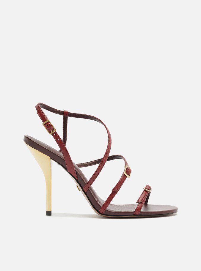 Sandália Vermelha Salto Alto Fino Tiras Fivelas