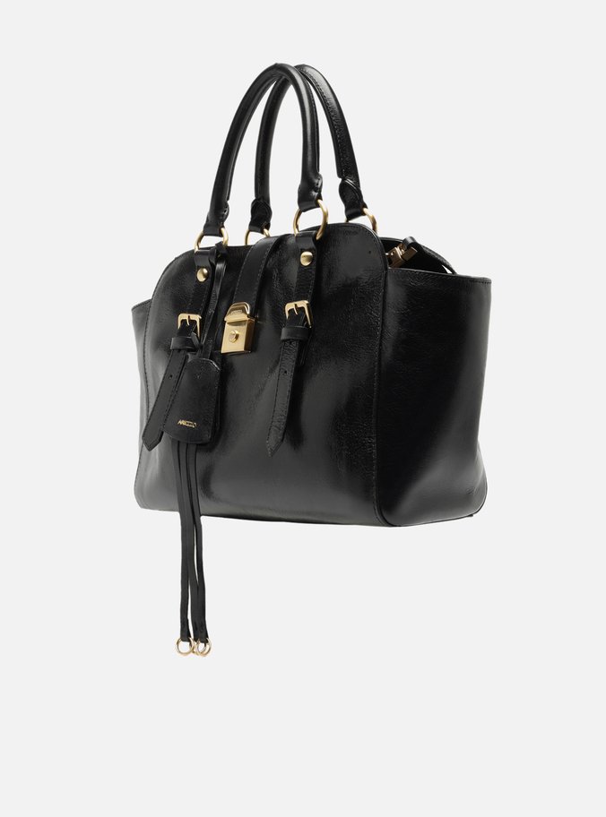 Bolsa Tote Preta Couro Estonado Média Metal