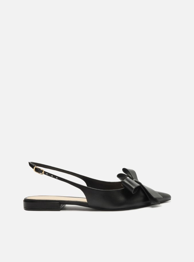 Sapatilha Preta Couro Slingback Laço Lateral