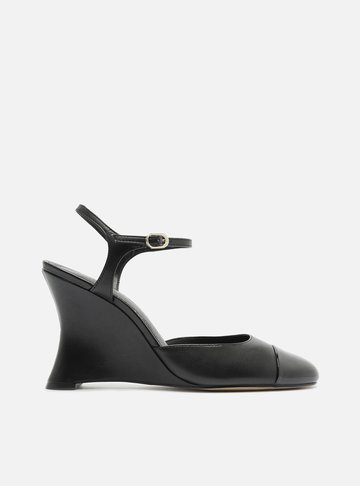 Scarpin Preto Couro Anabela Cap Toe