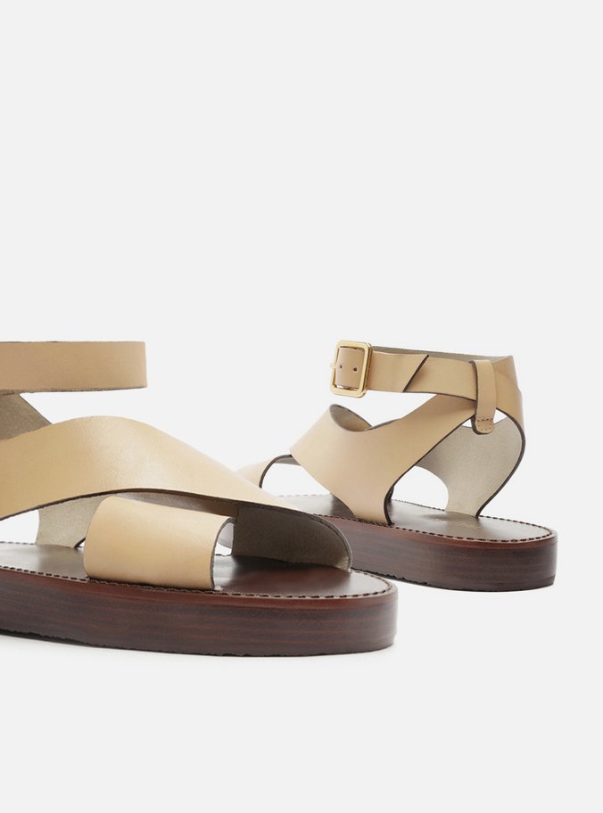 Sandália Bege Couro Flatform Tiras Largas