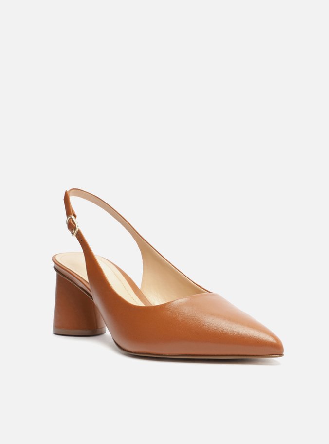 Scarpin Marrom Couro Salto Geométrico Slingback