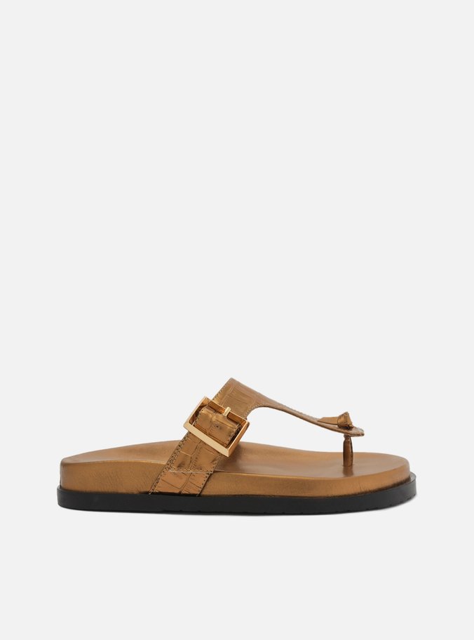 Sandália Rasteira Dourada Croco Fivela